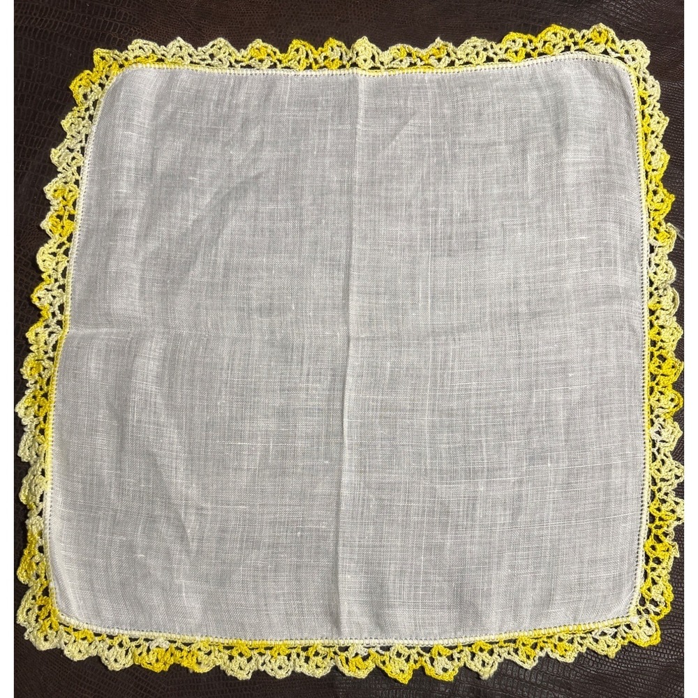 Vintage White Linen Handkerchief With Yellow Crochet Lace Border